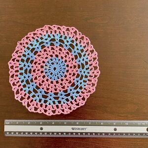 Hand-Made Round Doily. Approximately 8”. Pink & Blue. D4